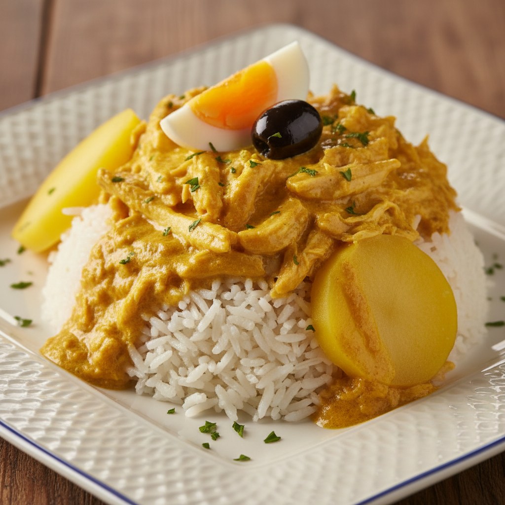 Ají de gallina peruano cremoso con papa y aceituna