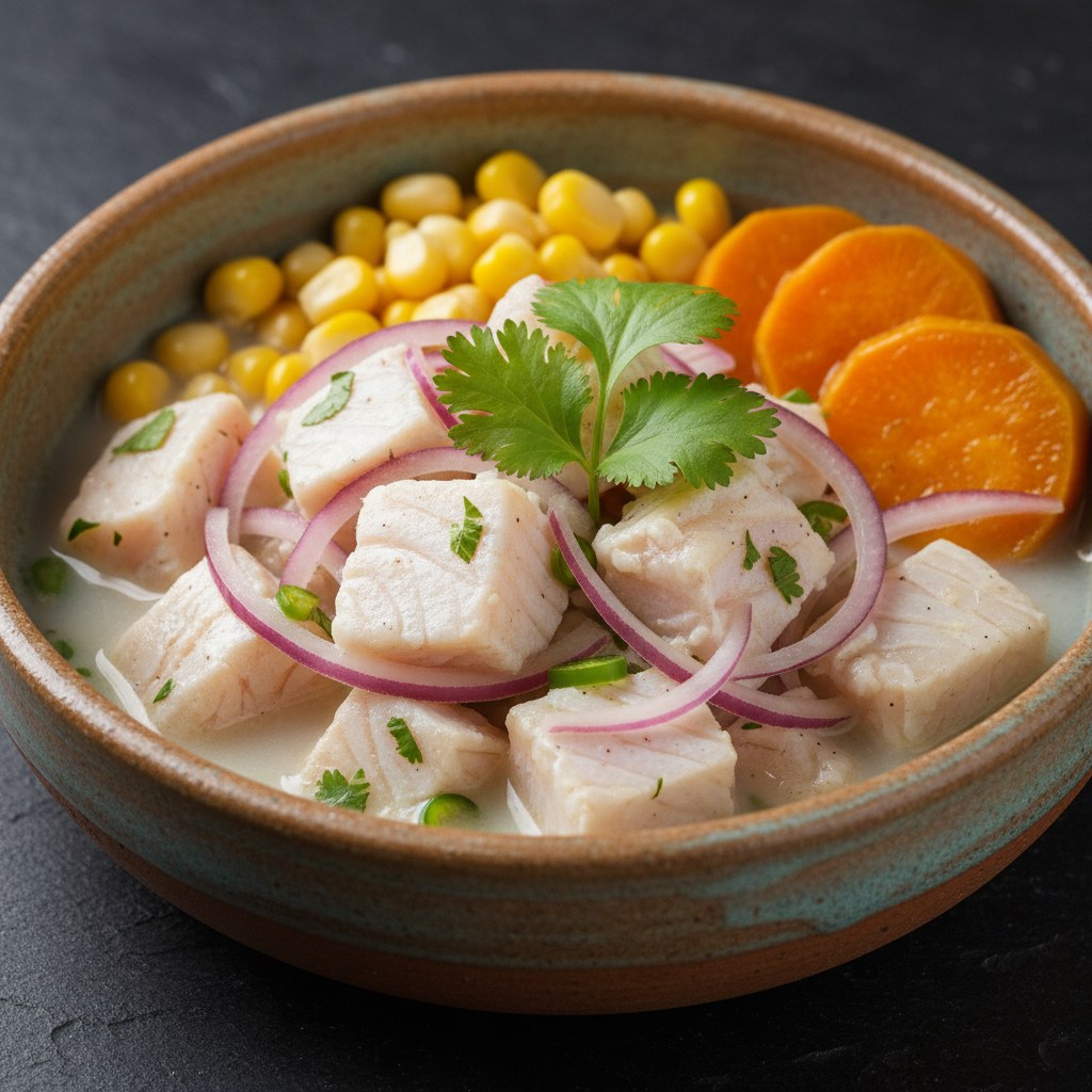Ceviche peruano con pescado, cebolla y ají limo
