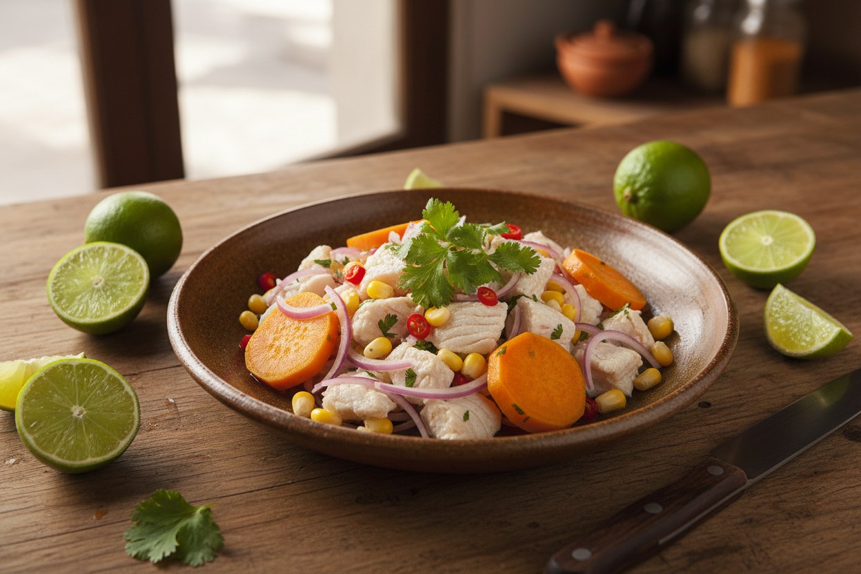 Emplatado final de un plato peruano sobre la mesa del taller