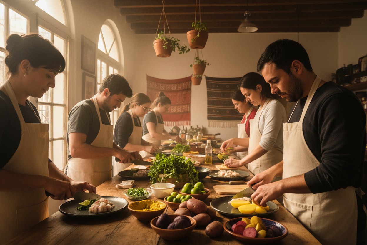 Alumnos cocinando en un taller de cocina peruana en Barranco